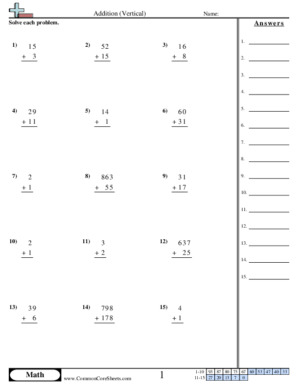 Addition (Vertical) worksheet